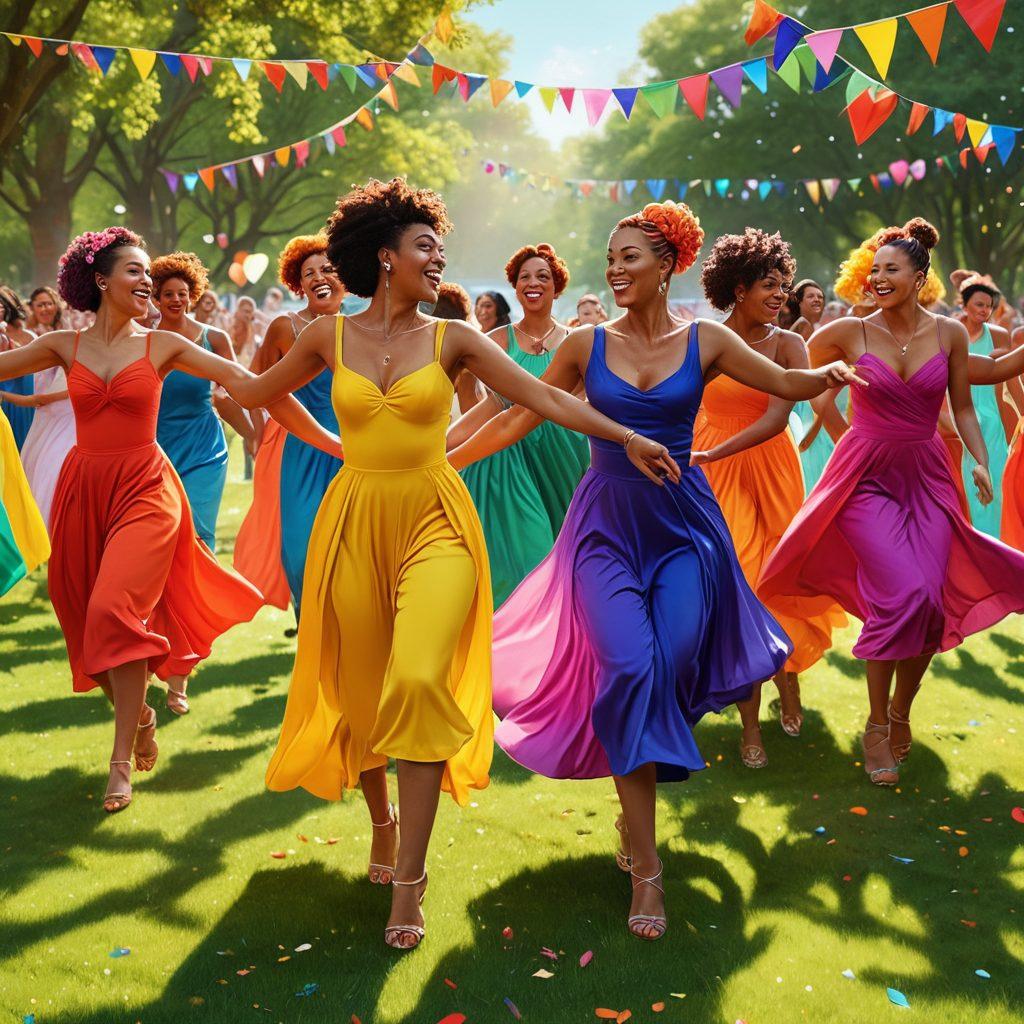 A joyful celebration of love showcasing a diverse group of women in colorful outfits, joyfully dancing together in a vibrant park setting adorned with rainbow decorations. Include symbols of pride, such as flags and hearts, surrounding them, while highlighting their unique identities through different hairstyles and accessories. Bright, warm lighting enhances the mood of togetherness and acceptance. super-realistic. vibrant colors. 3D.