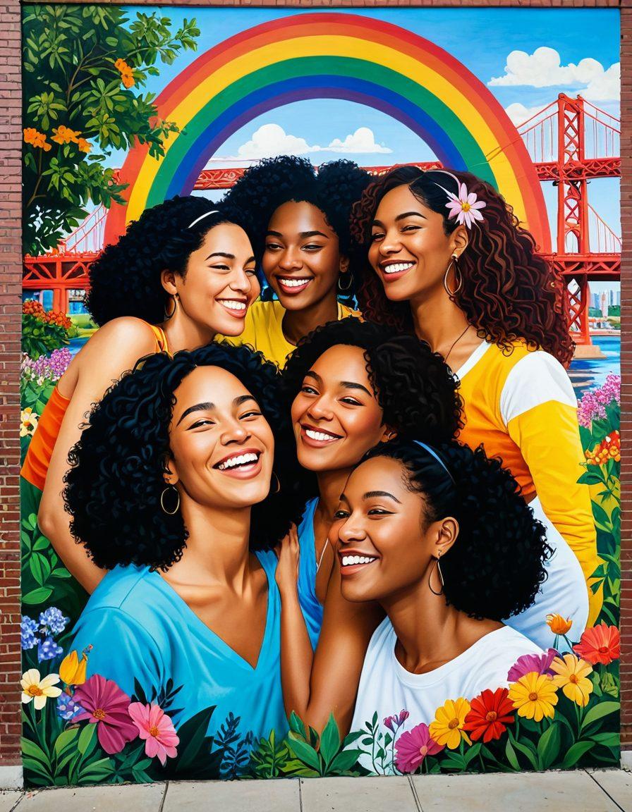 A vibrant mural depicting a diverse group of women of different ethnicities joyfully embracing and connecting, with colorful bridges symbolizing unity and love in the background. Lush greenery surrounds them, while flowers bloom along the bridges, representing growth and support for same-sex love. Bright rainbow colors prominently featured to celebrate diversity. super-realistic. vibrant colors.